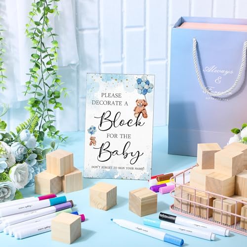 Qilery 75 Pcs Baby Shower Game Sign Kit Wood Blocks, Blue, Bear - Image 5