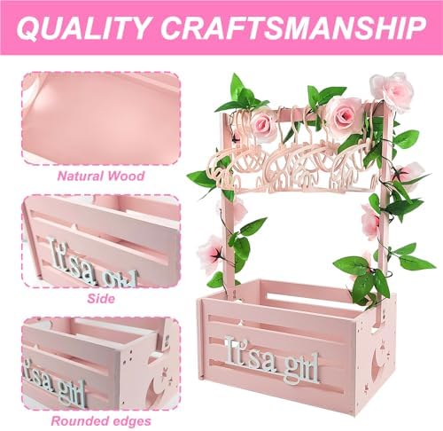 Wooden Baby Shower Crate Closet, Baby Storage Crate Hamper with Handle, Garland and 10 Clothes Hangers, Baby Shower Gifts Basket with Letters for Girl Boy Pregnancy Gift (Pink) - Image 3