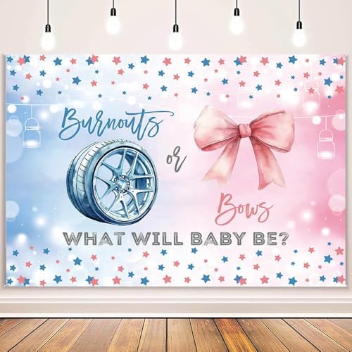 MEHOFOND 10x7ft Burnouts or Bows Gender Reveal Backdrop Boy or Girl What Will Baby Be Photography Background Pink and Blue Stars Gender Reveal Baby Shower Party Decorations Banner Photo Booth Props - Image 2
