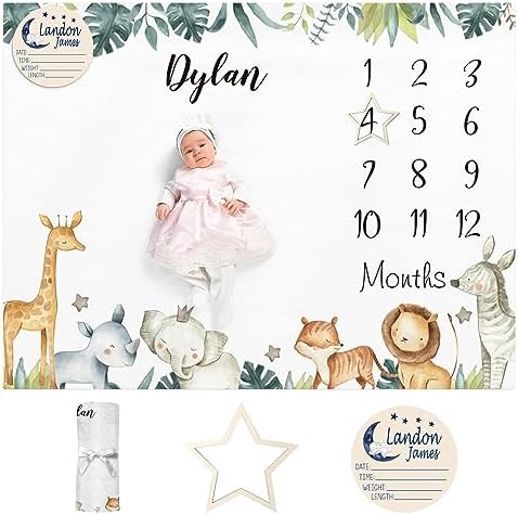 Personalized Baby Milestone Blanket for Boys Girls Baby Month Blanket- First Year Calendar Monthly Growth Chart - Animal Print Halloween Birthday Gifts for Infant Todder(FixedSize) by Dyoart