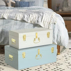 Vixdonos Decorative Large Metal Box Storage Trunk Chest Set of 2 College Dorm Organizer with Hardware Hasps and Handle for Home Deocr,23.7X14.2X9.5 Inches(White and Blue) - Image 5