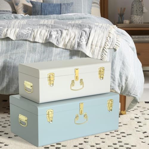 Vixdonos Decorative Large Metal Box Storage Trunk Chest Set of 2 College Dorm Organizer with Hardware Hasps and Handle for Home Deocr,23.7X14.2X9.5 Inches(White and Blue) - Image 5