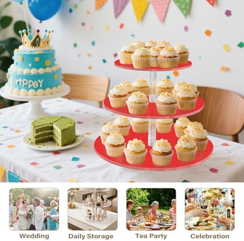 J JOYSAY Red Print Acrylic Cupcake Stand 3 Tier Dessert Table Display Set Clear Cake Stands for Baby Shower Party Wedding Decorations Easy Assembly Pastry Tower - Image 7
