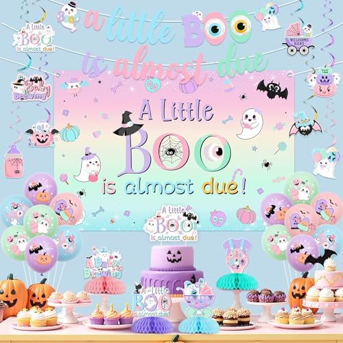 Pastel Halloween Baby Shower Decorations A Little Boo Is Almost Due Backdrop Banner Cake Topper A Baby Is Brewing Spooky Honeycomb Centerpiece Halloween Hanging Swirls Balloons for Pregnancy - Image 2