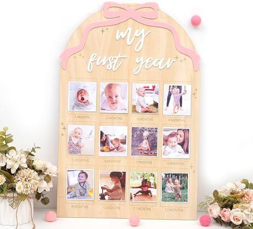 Wood First Year Monthly Photo Board for Girls - Bow Theme Birthday Decorations, My First Year Milestone Board, 12 Months Photo Display, Ribbon Bow Party Decor - Image 7