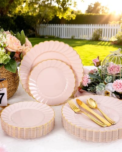YOUBET 100PCS Pink and Gold Scalloped Plastic Plates for Wedding Party - Image 5