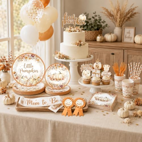 Fall Baby Shower Decorations, Little Pumpkin Baby Shower Decorations with Backdrop Little Pumpkins Plate and Napkins Backdrop Balloon Arch Box for Thanksgiving Fall Baby Shower - Image 3