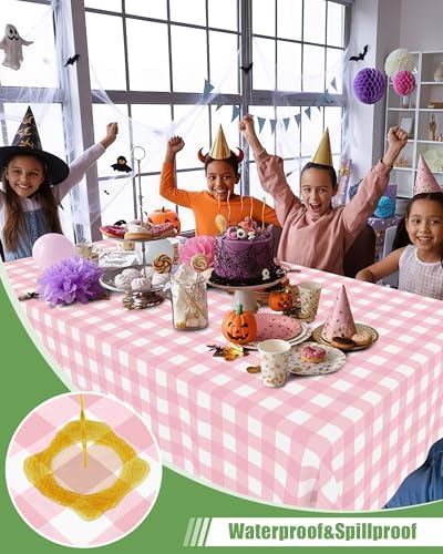 Smiry 20 Packs Gingham Disposable Table Cloth, 54 x 108 Inch Waterproof Plastic Tablecloth, Rectangle Pink and White Checkered Table Covers for Picnic, Birthday, Valentines - Image 2