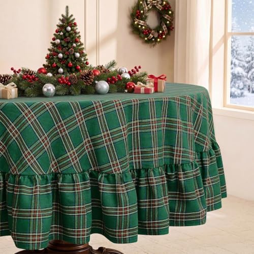 Romanstile Christmas Plaid Ruffled Round Tablecloth, 70 Inch Green by Romanstile