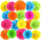 Janinka 60 Pcs Paper Pom Poms and Fans, Bright Colors Party Decorations by Janinka