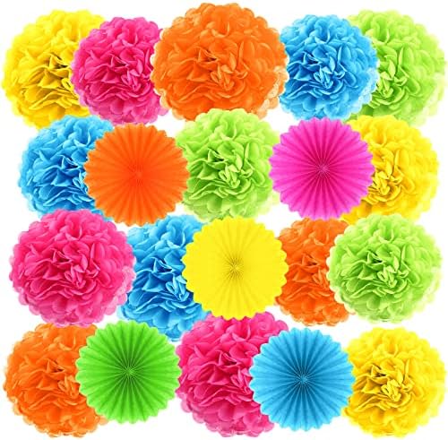 Janinka 60 Pcs Paper Pom Poms and Fans, Bright Colors Party Decorations by Janinka