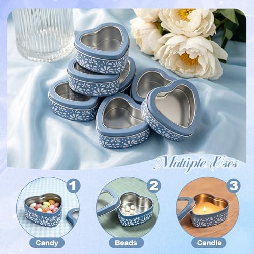 48 Pcs Blue Mexican Heart Shaped Tins with Clear Lids Organza Bags Thanks Cards De Barro Mexicanos Empty Candle Candy Boxes Cielito Lindo Party Decorations for Wedding Gifts Fiesta Party Favors - Image 3