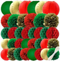 WOLHOWLTD Gold Green Red Christmas Decoration Set - 36Pcs Paper Lanterns, Pompoms, Honeycomb for Wedding,Christmas,School Day,Bridal Shower,Scary Birthday Party Classroom,Home Decoration by Unknown
