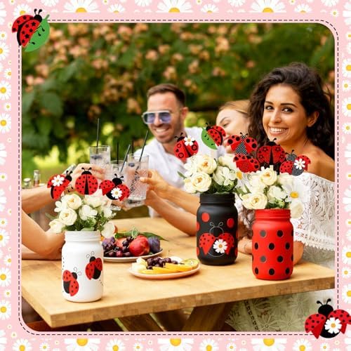 12 Pcs Ladybug Baby Shower Decorations Set with Wooden Picks Jars - Image 4