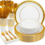 AIRE Gold White Paper Plates Set,350PCS Disposable Dinnerware for 50 by AIRE