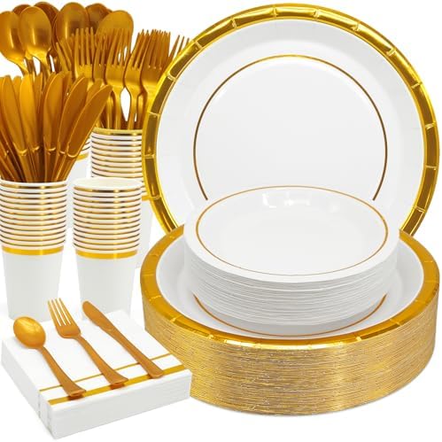 AIRE Gold White Paper Plates Set,350PCS Disposable Dinnerware for 50 by AIRE