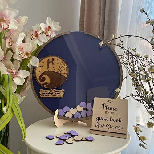 Personalized Wedding Wooden Guest Book: Creative Acrylic Custom Name Alternative Inserts Box DIY Custom Rustic Wedding Heart Drop Guest Book for Graduation Anniversary Wedding Decor (Halloween Themed) by Drawelry