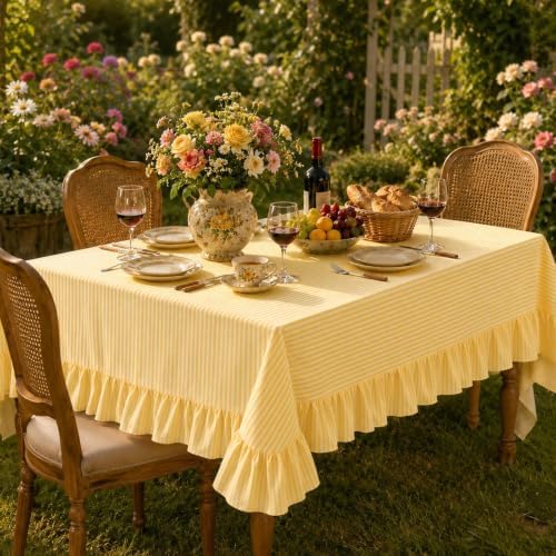 Striped Ruffled Tablecloth 60x120 Inch Cotton Polyester Striped Tablecloth Rectangular Fits 8-10 Seater Table Farmhouse Vintage Table Cover for Home Kitchen Baby Shower Birthday Party Picnic (Yellow) - Image 7