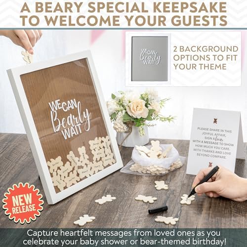 Baby Shower Guest Book Alternatives 109 Piece Set with Wooden Bears Mom Dad to Be Sashes Guessing Game - Unisex Gender Reveal and Pregnancy Announcement Decor - We Can Bearly Wait Decorations Keepsake - Image 2