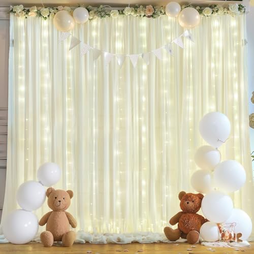 10ft x 10ft Beige Chiffon Backdrop Curtain with Lights String for Parties,2 Panels Sheer Chiffon Curtain Wedding Backdrop with Lights for Baby Shower Birthday Party Ceremony Reception Home Decorations - Image 5