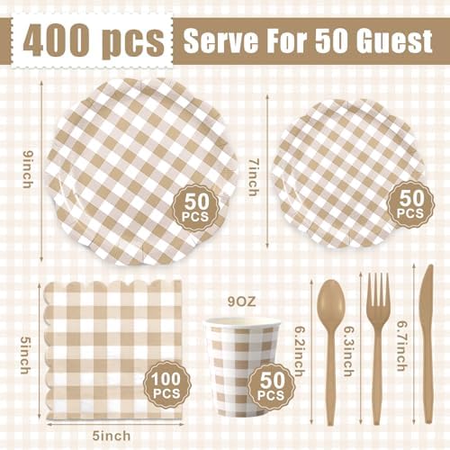 Funnymoom 400 Pcs Gingham Party Supplies for 50 Guests Khaki and White Paper Plates and Napkins Knives Spoons Forks Cups Disposable Checkered Dinner Party Set Cutlery for Baby Shower Wedding Favor - Image 3