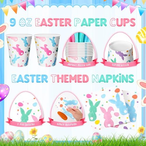 Honeydak 210 Pcs Easter Plates and Napkins Serve 30 Pastel Colorful Bunny 7" and 9" Rabbit Plates Napkins and Forks Tableware for Spring Holiday Easter Party Table Decor Supplies - Image 5