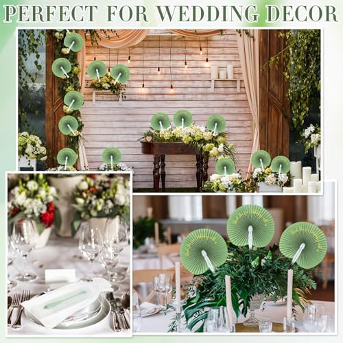 Suzile 50 Pcs Wedding Paper Fans Round Handheld Folding Fans Foldable Fans for Wedding with Plastic Handle and Yarn Bag Thank You for Celebrating with Us for Anniversary Guests Party (Sage Green) - Image 5