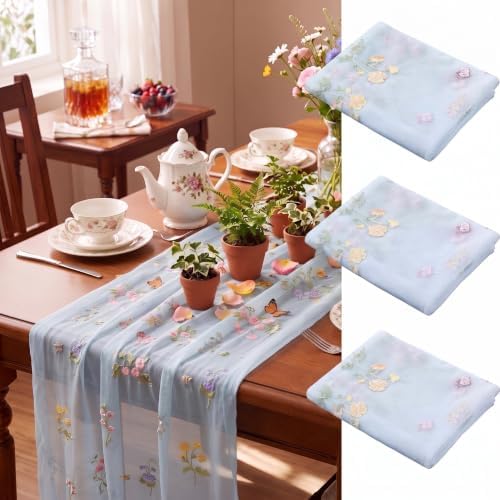 Lounsweer 3 Pcs Blue Wildflower Table Runner 10ft Embroidery Tulle by Lounsweer