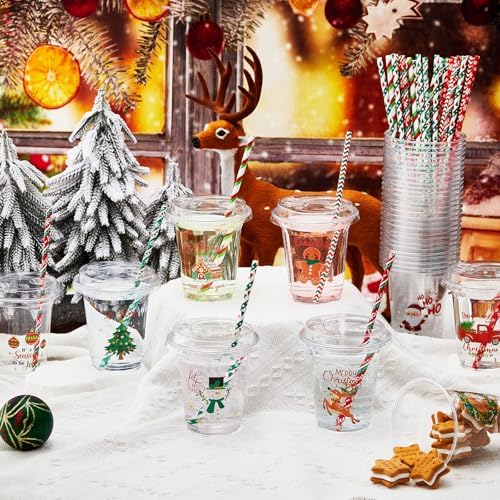 FoldTier 60 Set Christmas Cups 14 oz with Lids Straws Red Green - Image 6