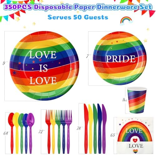 FillTouch 350 Pcs Rainbow Gay Pride Month Lgbtq Party Supplies Set Rainbow Disposable Paper Plates Love Napkins Cups Knives Forks Spoons for 50 Guests Gay Pride Party Parade Club Festival Events - Image 2