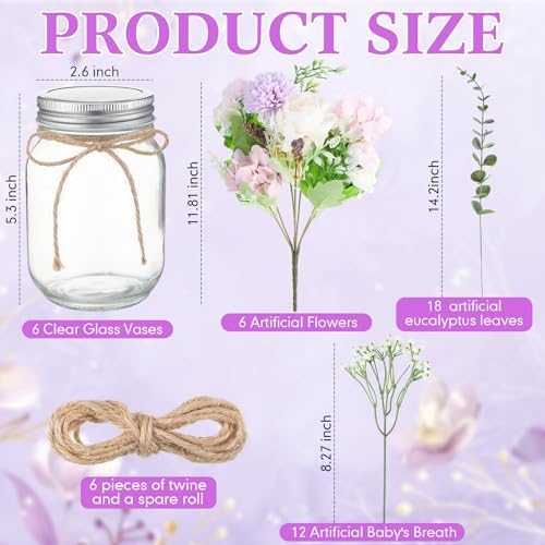 Zeyune 6 Sets Mason Jar Table Centerpiece Artificial Flower, Purple - Image 4