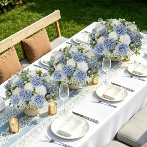 Dusty Blue White Artificial Flowers 6 Bundles Silk Floral with Stems - Image 4