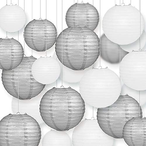 Quasimoon PaperLanternStore.com Ultimate 20pc Silver Variety Paper Lantern Party Pack - Assorted Sizes of 6, 8, 10, 12 Inch (5 Round Lanterns Each) for Weddings, Birthday, Events and Decor by Quasimoon