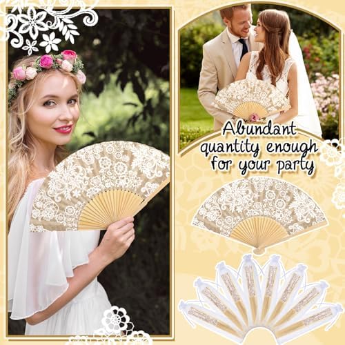 Vercraft 36 Set Wedding Hand Fans for Guests Bulk Vintage Lace Paper Fan Retro Kraft Floral Folding Fans with Organza Bags Thank You Gifts Party Favor for Wedding Ceremony Bridal Shower Bridesmaid - Image 5