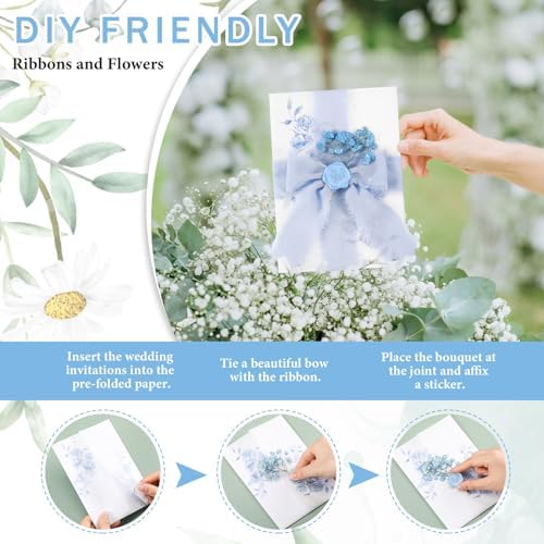 Fullhawl 100 Sets Wedding Invitations Wraps Set Pre Folded Vellum Jackets for 5 x 7 Invitations Dried Flowers Wax Seal Stickers Chiffon Silk Ribbon for Wedding Birthday Bridal Shower Craft DIY (Blue) - Image 4