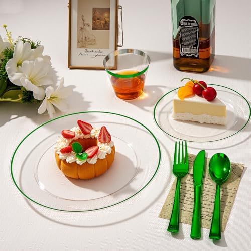 SUT 175 Pcs Green and Clear Plastic Dinnerware Set for 25 Guests, Include: 25 Dinner Plates, 25 Dessert Plates, 25 Pre Rolled Napkins With Silverware, 25 Cups, Disposable Plates for Party - Image 2