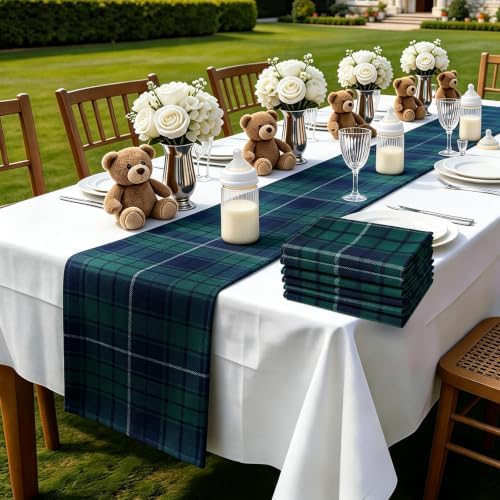 12 Pcs 72 x 13 Tartan Plaid Table Runner, Green Blue Tartan Baby Shower - Image 5