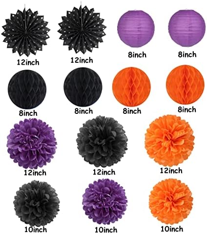 Black Orange Purple Halloween Party-Decorations - 18pcs Kits Paper Lanterns Fan,Tissue Flower Pom Poms Streamers,Honeycomb Balls,Graduation Birthday Wedding Baby Bridal Shower Decor Lasting Surprise - Image 3