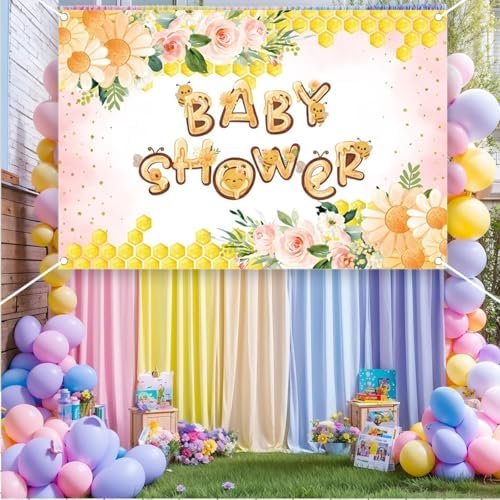 Fabric 10x6.5ft Honey Bee Baby Shower Backdrop Pink Flowers Yellow Honeycomb Oh Baby Decoration Background Sweet Honey Gender Reveal Neutral Newborn Party Banner Supplies - Image 3