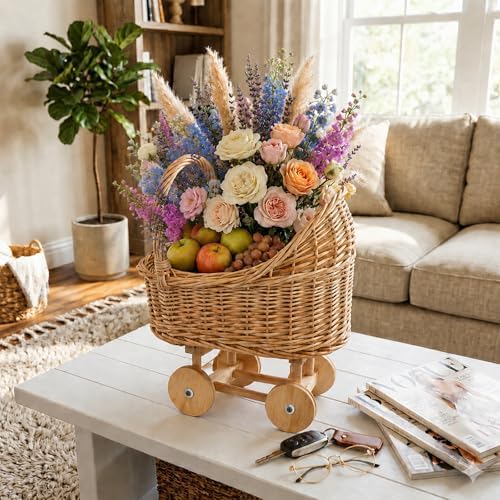 12.4 Inch Wicker Baby Carriage Handmade Wicker Stroller for Baby Shower Cute Woven Rattan Flower Basket with Handle for Floral Arrangement Photo Props Wedding Party Decor Centerpieces - Image 5