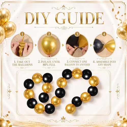 Gejoy 200 Pcs Link Balloons Latex Party Decor,Metallic Gold,Black,10 Inch - Image 3
