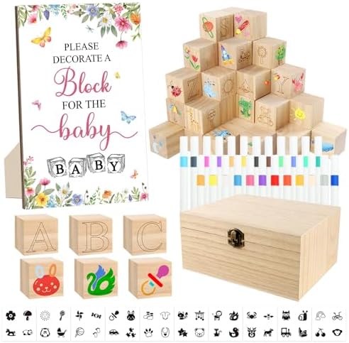 150 Pcs Wildflower Baby Shower Games Sign Kit, Including a Decorate Flower Game Sign 102 DIY Wooden Blocks 36 Acrylic Markers 10 Stencils 1 Storage Box, for Baby Shower Party Gender Reveal by ZCPTZ