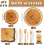 Kochorie 400 Pieces Wood Slice Disposable Tableware Sets, Rustic Wood Party Supplies with Plates Cups Napkins Cutlery Serves 50 for Birthday Hunting Forest Themed Party Decorations - Image 2