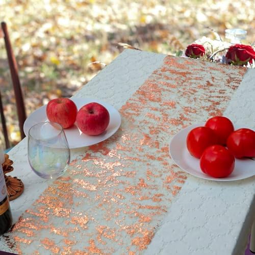 Snowkingdom Rose Gold Table Runner 11 Inch x 100 Feet Glitter Sequin Metallic Pink Thin Mesh Runner Sparkly Table Decorations for Birthday, Wedding, Bridal Shower, Baby Shower Party - Image 6
