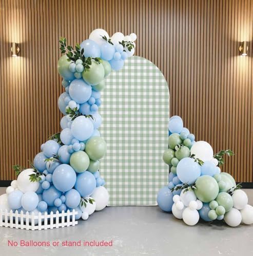 Checkered Gingham Arch Backdrop Cover Sage Green and White Classic Plaid Pattern Girl Bridal Baby Shower Birthday Party Stretchy Arched Photo Booth Decorations 6ft - Image 2