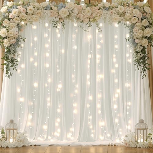 20x10ft Cream White Chiffon Backdrop Curtain with Lights String for Wedding Sheer Tulle Curtain Photo Backdrops Drapes for Baby Shower Birthday Party Ceremony Decorations - Image 2