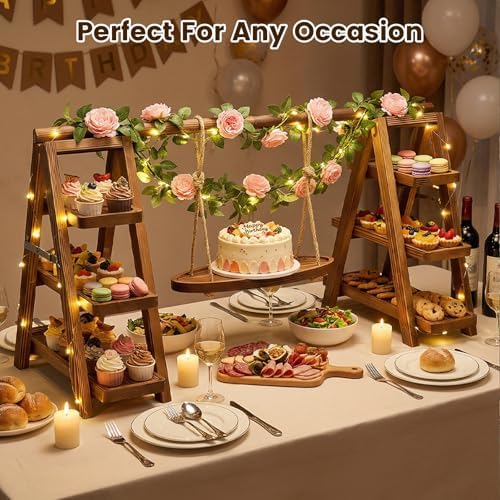 3 Tier Wooden Cupcake Stand with Swing and Flower Decoration, Dark Brown Natural Wood Dessert Swing Display Serving Set with Removable Trays, Rustic Wedding & Party Dessert Stand - Image 4