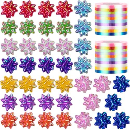 60 Pcs Shiny Christmas Bows & Ribbons for Gift Wrapping, 2 in Mini Gift Wrap Bows for Xmas Decor, Hanukkah, Birthdays, Weddings, Bridal Showers, Baby Showers Occasion (Rainbow Color 60 Pcs Set) by PendantofLuck