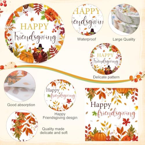 Pickmesh 250 Pcs Happy Friendsgiving Party Decorations Give Thanks Paper Plates Napkins and Cups Fall Pumpkin Disposable Tableware Set for Autumn Harvest Thanksgiving Farmhouse Party Supplies Serve 50 - Image 3