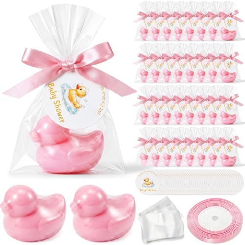 Leelosp Duck Soap Party Favors Gift with Transparent Bags and Thanks Tag for Baby Shower Guest Reveal Baptism Shower Wedding Birthday Summer Party Favor Decorations Supplies(50 Sets,Pink) by Leelosp